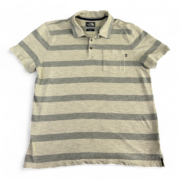 North Face Polo Shirt Adult LARGE Gray Striped Pocket Hiking Outdoor Tagged XL - Picture 1 of 10